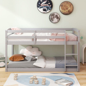 Twin Size Bunk Bed with High Guardrails and Integrated Ladder-Gray - Color: Gray - Size: Twin Size D681-HU10396GY