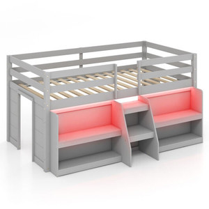 Twin Size Loft Bed with LED Lights with Staircase and Safety Guardrail-Gray - Color: Gray - Size: T D681-HU10769GR