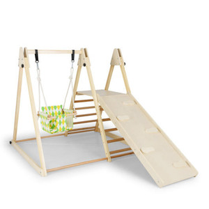 4-in-1 Indoor Jungle Gym with Baby Swing and Climbing Ramp-Natural - Color: Natural D681-TS10247NA