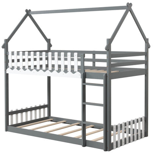 Twin Over Twin Bunk Bed with Fence and Ladder for Kids-Gray - Color: Gray - Size: Twin Size D681-HU10908GRT+