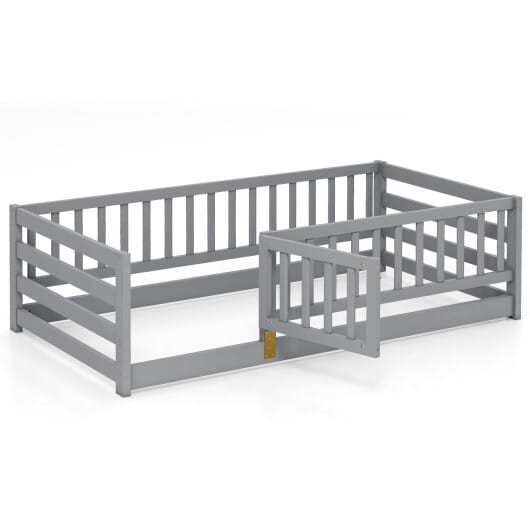 Twin Size Floor Bed with High Fence and Door Playhouse for Kids-Gray - Color: Gray - Size: Twin Size D681-HU11140GY