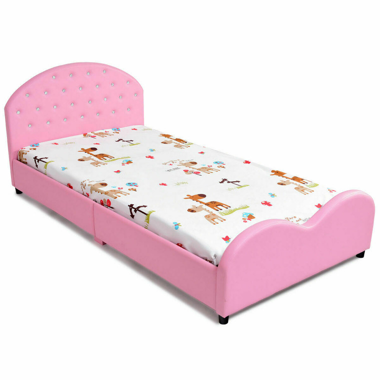 Twin Size Upholstered Platform Toddler Bed with Wood Slat Support - Color: Pink - Size: Twin Size D681-HW59101