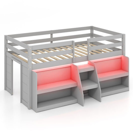 Twin Size Loft Bed with LED Lights with Staircase and Safety Guardrail-Gray - Color: Gray - Size: T D681-HU10769GR