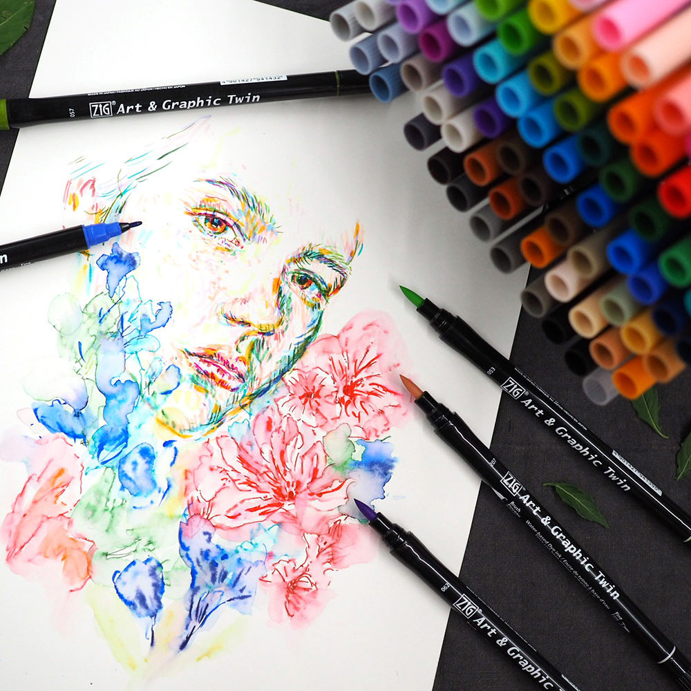 Kuretake ZIG Art & Graphic Twin Marker – Pinsel- Und 0,8 Mm Spitze, Wasserbasierend, Farbe: Goldocker