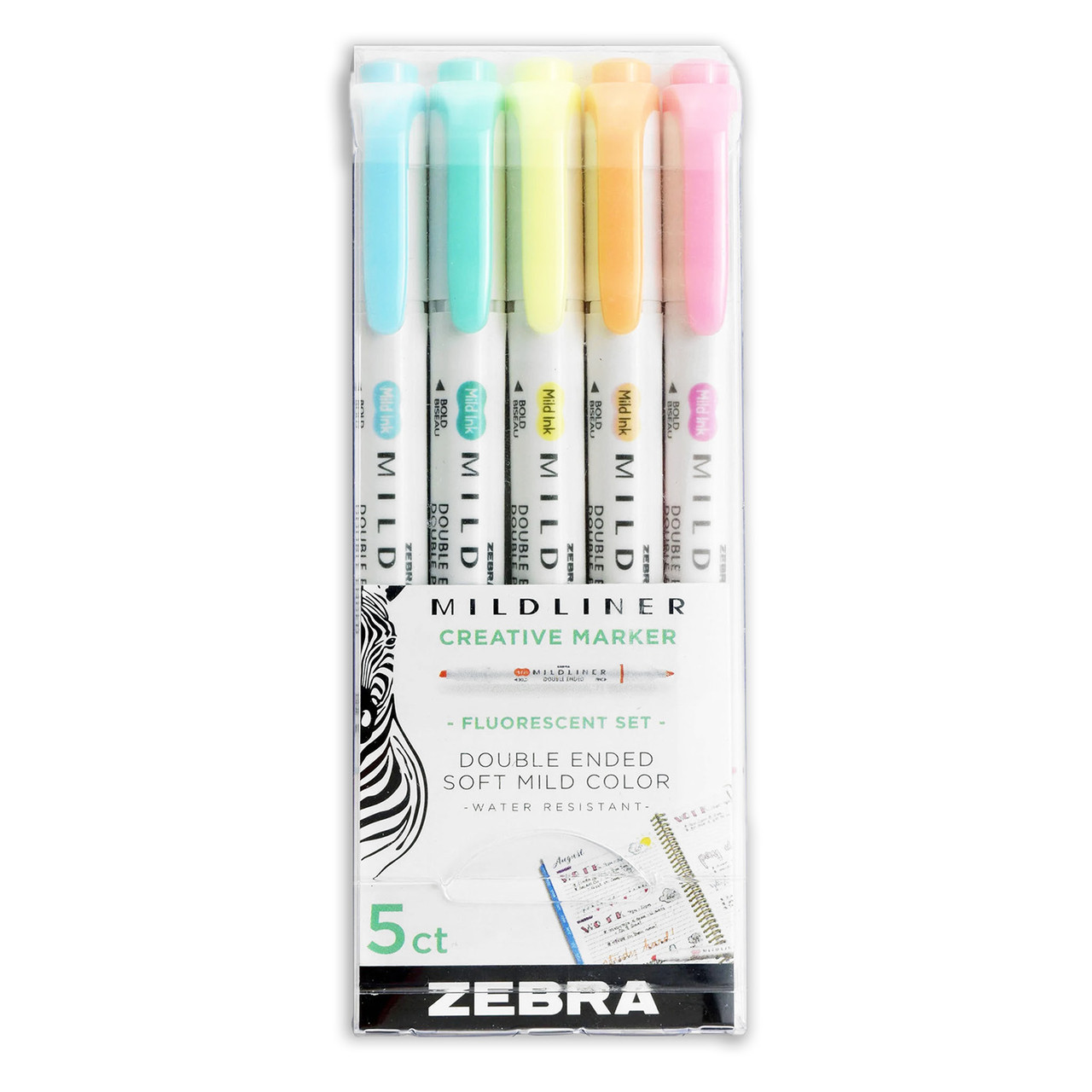 Zebra Mildliner Double-Sided Highlighter - Fluorescent Set (5 Colours)
