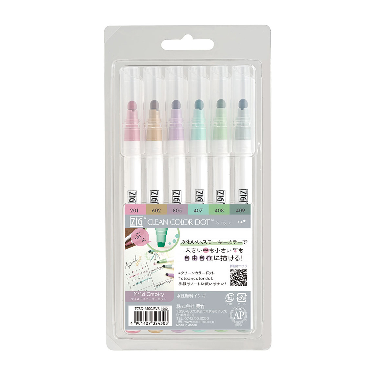 Zig Clean Color DOT Single-Ended Marker, Set of 6 Mild Smoky Colors