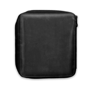 A black square leather case with a zipper closure.