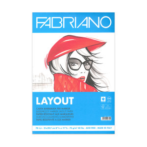 A blue and white paper pad that says "FABRIANO" with a drawing of a woman in a red raincoat on the cover.