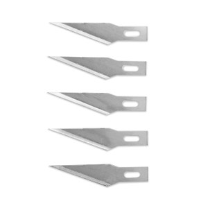 Five triangular hobby blades with the points facing left.