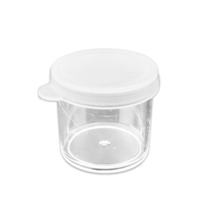 One clear plastic jar with a white hinge lid that has a lip you can use to lift it.