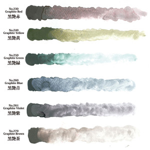 Six Gansai Tambi Graphite watercolor swatches that transition in a gradient from opaque to transparent & feature the color name to the left.
