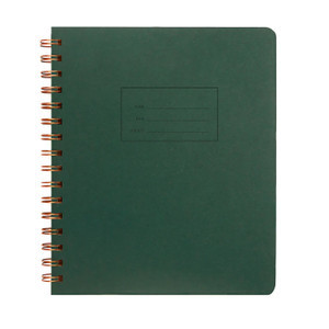 Dark forest green wirebound notebook with a darker green box with lines for Name, Date, and Subject on the cover.