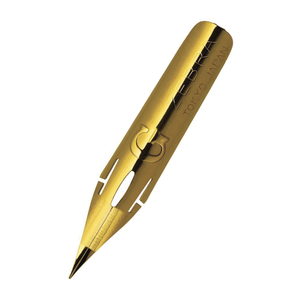A gold Zebra G nib with the point facing downwards and the letter G, the word Zebra, and the words Tokyo, Japan stamped onto the nib.