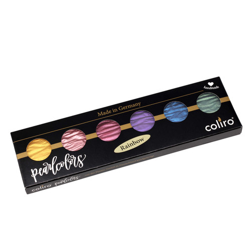 A rainbow of watercolor pans in a black rectangular package that says "pearlcolors coliro"