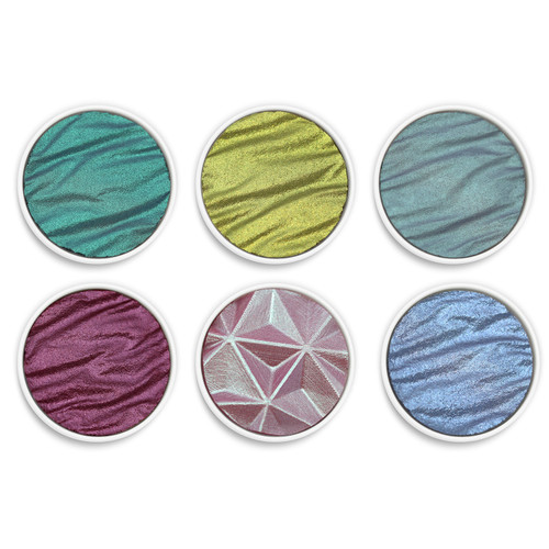 Six watercolor pans in the following colors: turquoise, light green, blue-green, red-violet, pink, and blue.