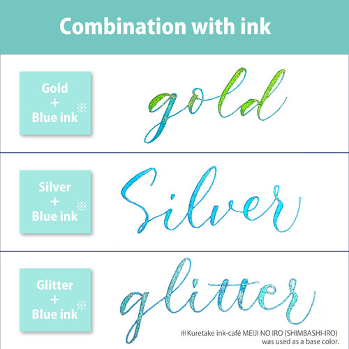 Three color swatches that say "gold" "silver" and "glitter" and are written with the respective colors.