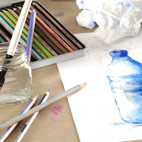 An illustration of a blue water bottle with a glass of water, paintbrush, and set of colored pencils next to it.