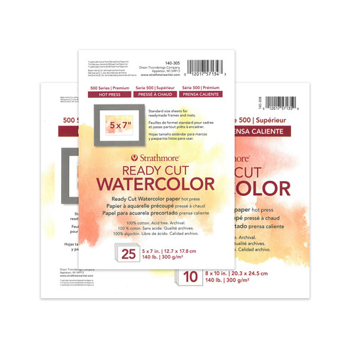 Two paper packs that say "Strathmore READY CUT WATERCOLOR" on top of an orange and yellow watercolor wash.