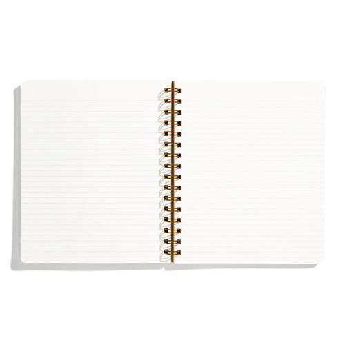 White wirebound notebook open and laying flat with lined pages.