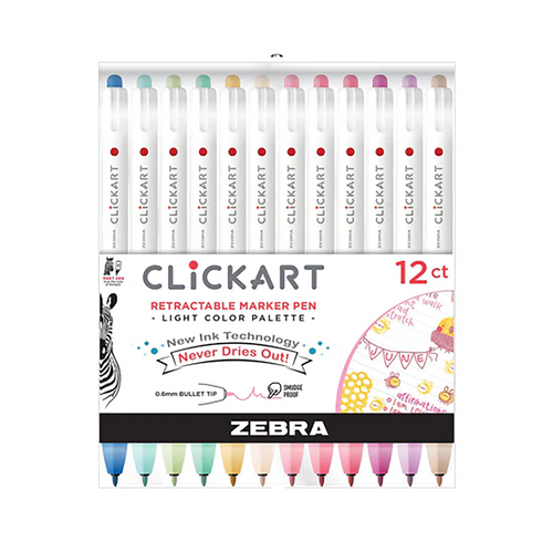 Zebra ClickArt Retractable Marker Pen 0.6mm, Set of 12 Light Colors