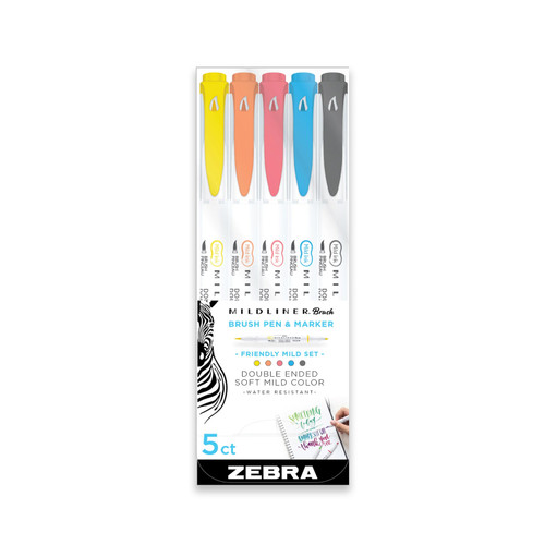 Zebra Mildliner Double Ended Brush Pen, Friendly Pack of 5