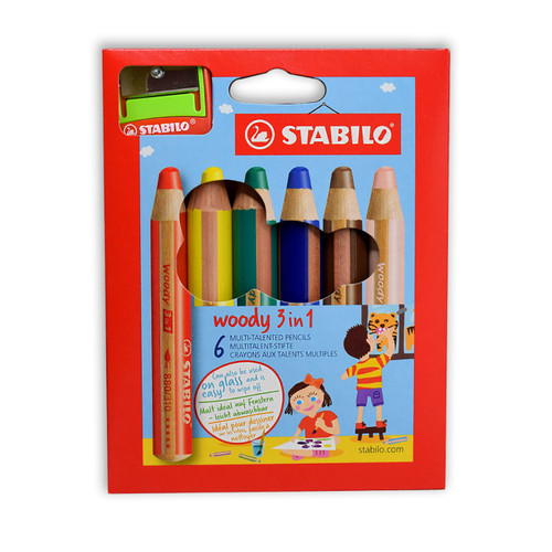 STABILO Woody 3-in-1 Pencil, Set of 6 with Sharpener