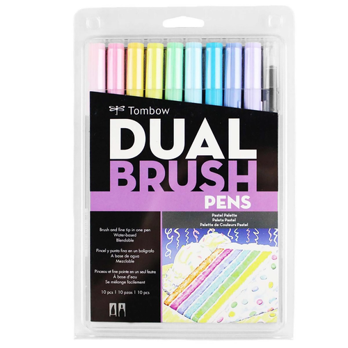 Dual Brush Pen Art Markers, Pastel, 10-Pack + Free Fudenosuke