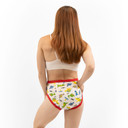 Female model wearing Dinosaur adult training pants, back-view.