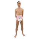 Male model wearing Princess diaper, front-view.