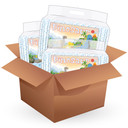 Box with three bags of Dinosaur diapers.