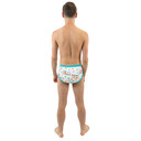 Male model wearing Critter Caboose adult training pants, back-view.