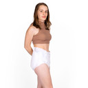 Female model wearing BeDry EliteCare Briefs, side-view.