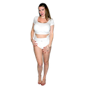 Female model wearing BeDry EliteCare Incontinence Briefs, front-view.
