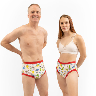 Male and female model wearing training pants, front-view.