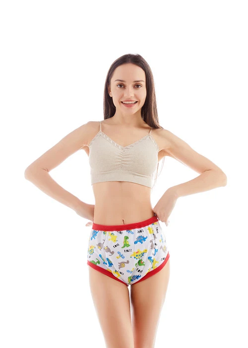 Female model wearing Dinosaur training pants, front-view.