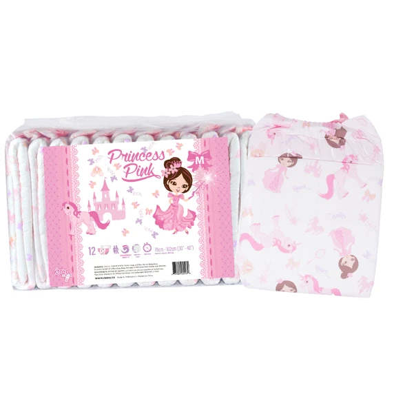 Bag of Princess Pink with diaper standing upright beside.