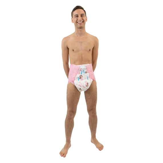 Male model wearing Princess diaper, front-view.