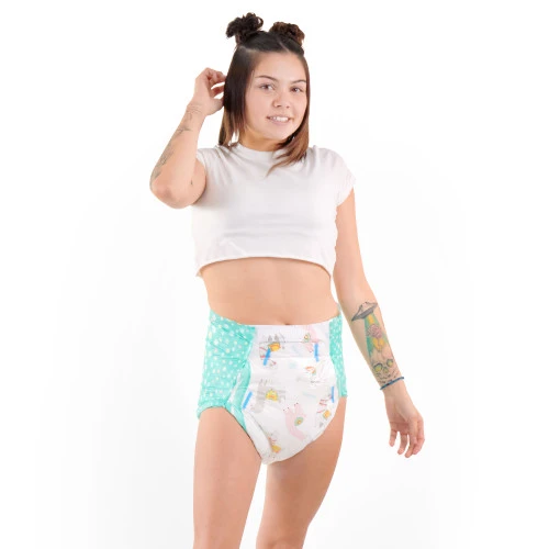 Female model wearing Alpaca diaper, front-view.
