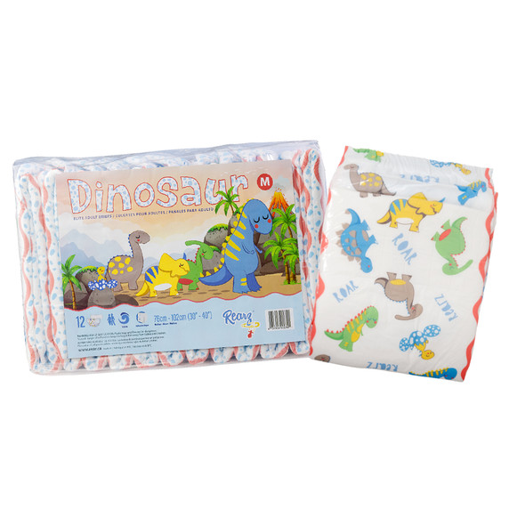 Bag of Mega Dinosaur with diaper standing upright beside.