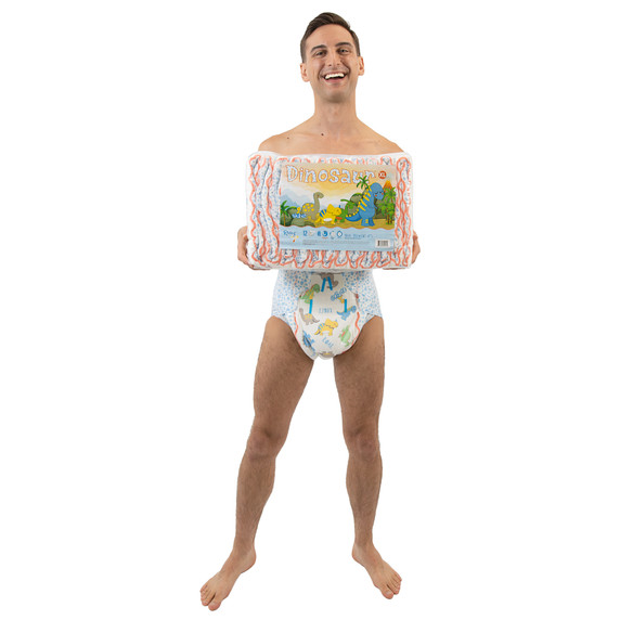 Male model wearing and holding a bag of Dinosaur, front-view.