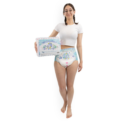 Female model wearing and holding bag of Lil' Monsters, front-view.