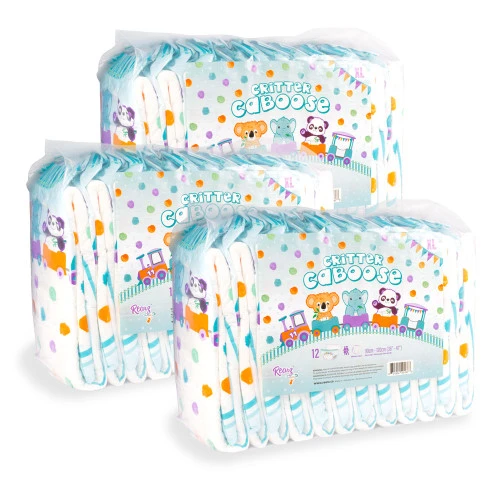 Three bags of Mega Critter Caboose diapers.