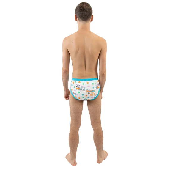 Male model wearing Critter Caboose adult training pants, back-view.