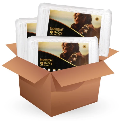 Box with three bags of BeDry Night Incontinence Briefs.