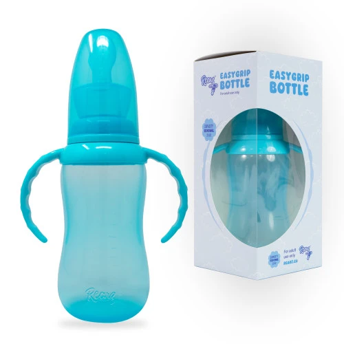 Rearz Blue Easy Grip bottle with cap beside box with bottle inside.