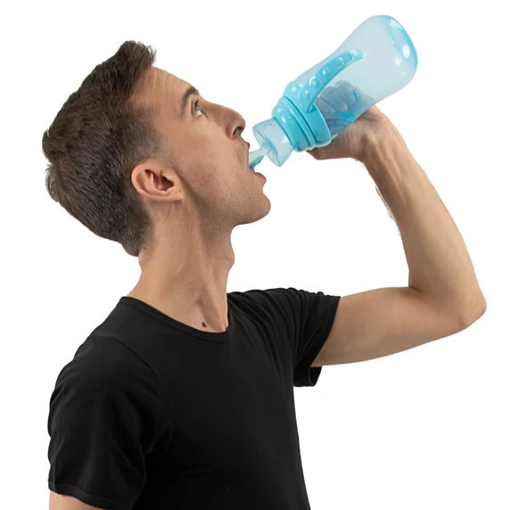 Male model drinking from Blue Rearz adult bottle.
