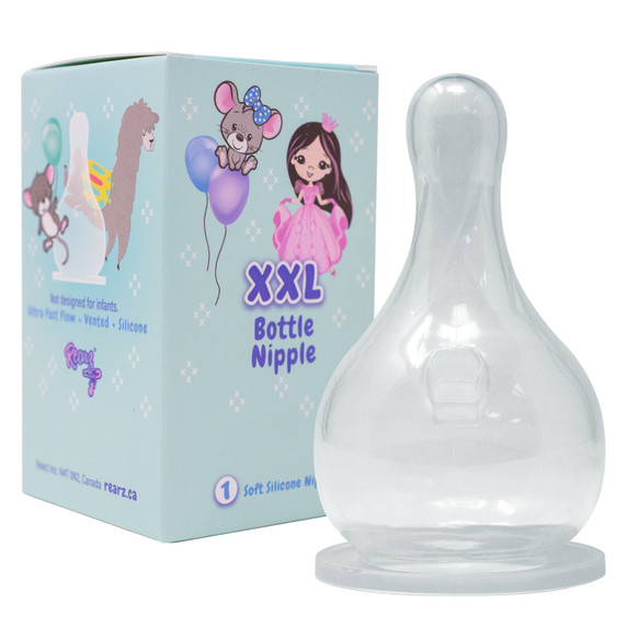 XXL standard adult bottle nipple beside box.