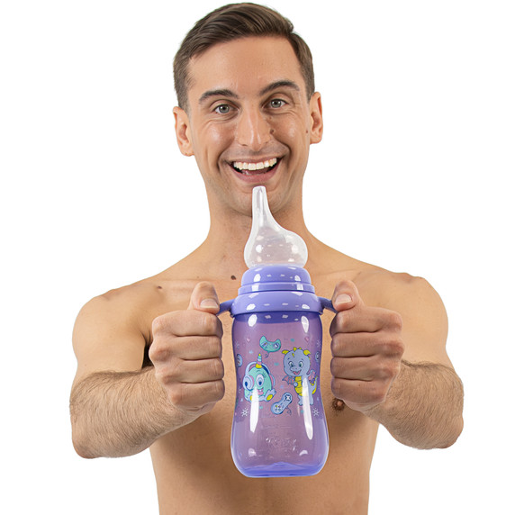 Male model holding adult bottle.