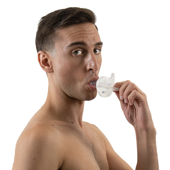Male model using Gummi Pacifier, side-view.
