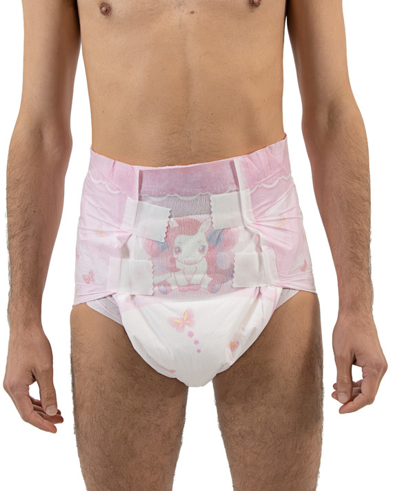 Close-up of the front of the Lil Bella Diapers modeled.